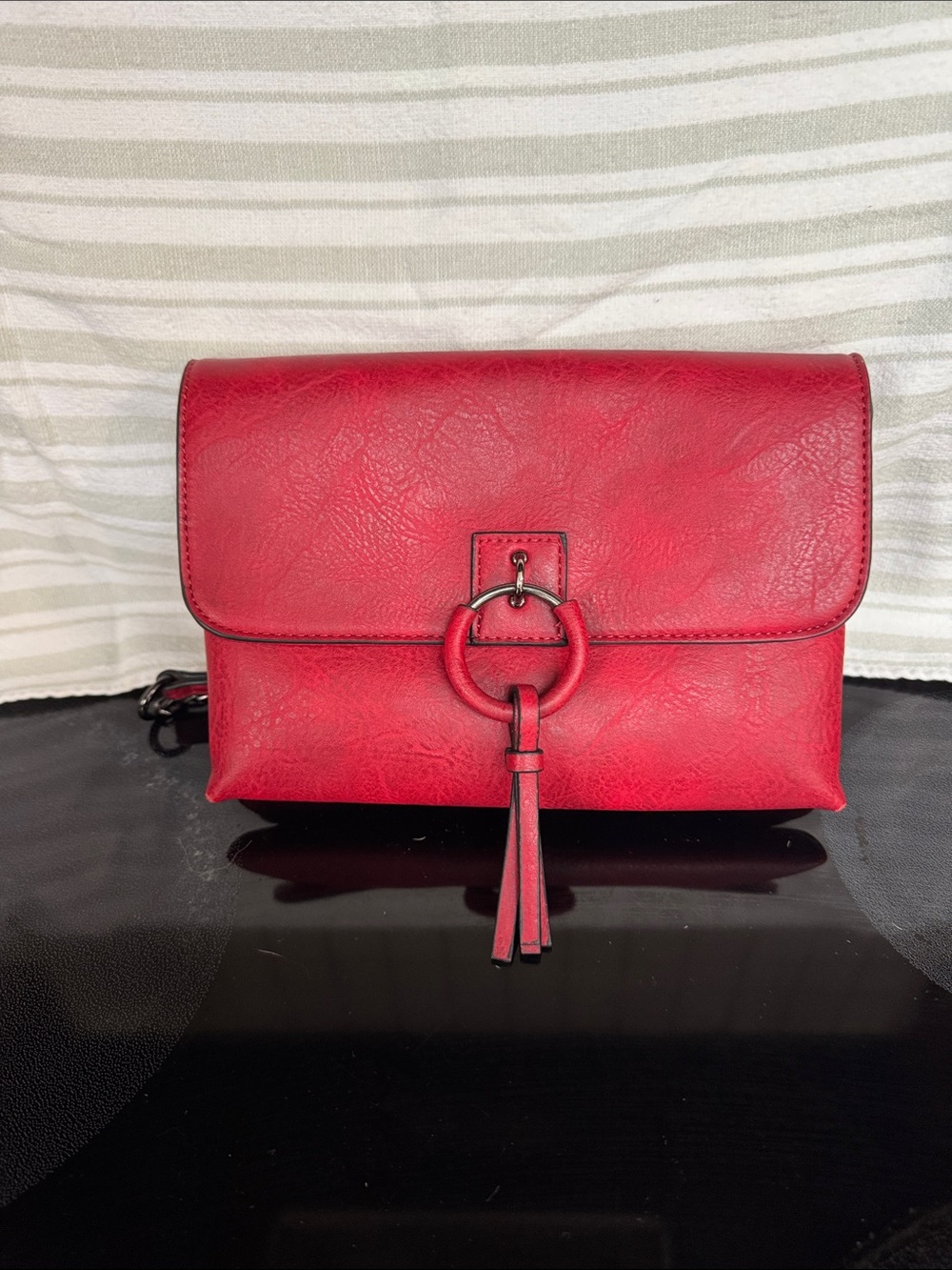 Red Leather-Look Crossbody Bag with Ring Tassel Accent Sam & Hadley